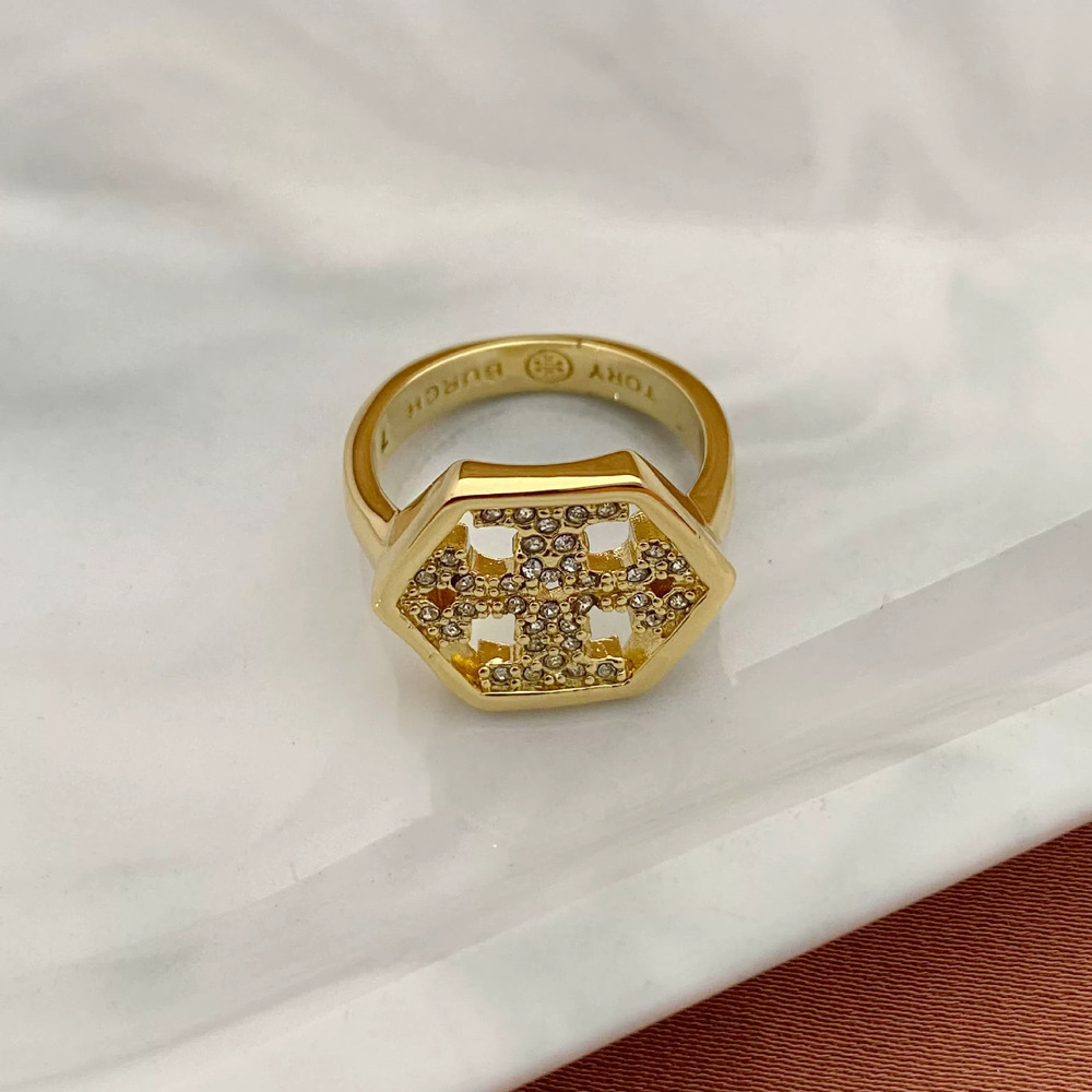 Tory Burch Rhinestone Hollow Letter Hexagon Metal Ring